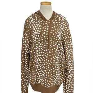 Happy Sheep Hooded Sweater Brown White Print Italy Merino Wool Size Medium